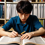 ** A determined Italian student studying Korean grammar late at night, surrounded by TOPIK textbooks and Korean culture-related items (K-pop albums, Korean drama DVDs). The mood is focused but hopeful, emphasizing the hard work involved in achieving their dream.

**