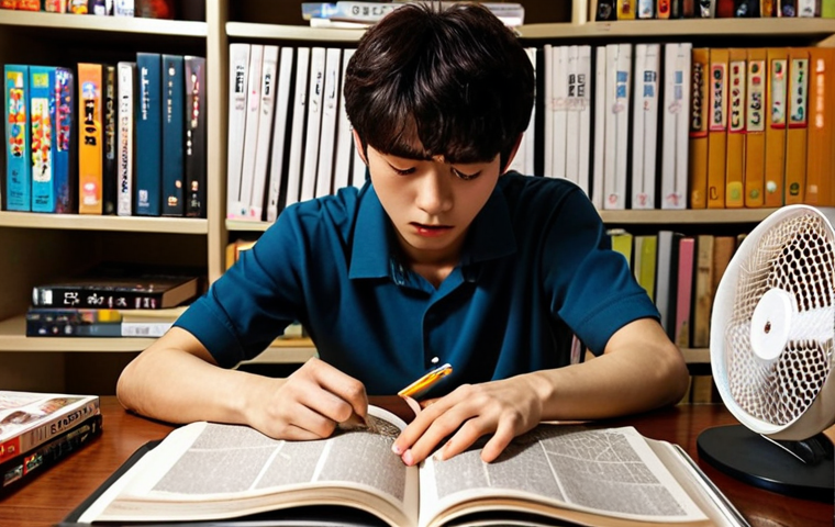 ** A determined Italian student studying Korean grammar late at night, surrounded by TOPIK textbooks and Korean culture-related items (K-pop albums, Korean drama DVDs). The mood is focused but hopeful, emphasizing the hard work involved in achieving their dream.
**