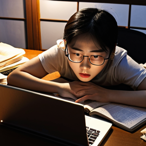 Home 14 **A student buried in books, surrounded by Korean textbooks and grammar notes, illuminated by the glow of a laptop screen late at night. Emphasis on the struggle and dedication of studying for the TOPIK exam. Include a half-empty espresso cup on the desk.**