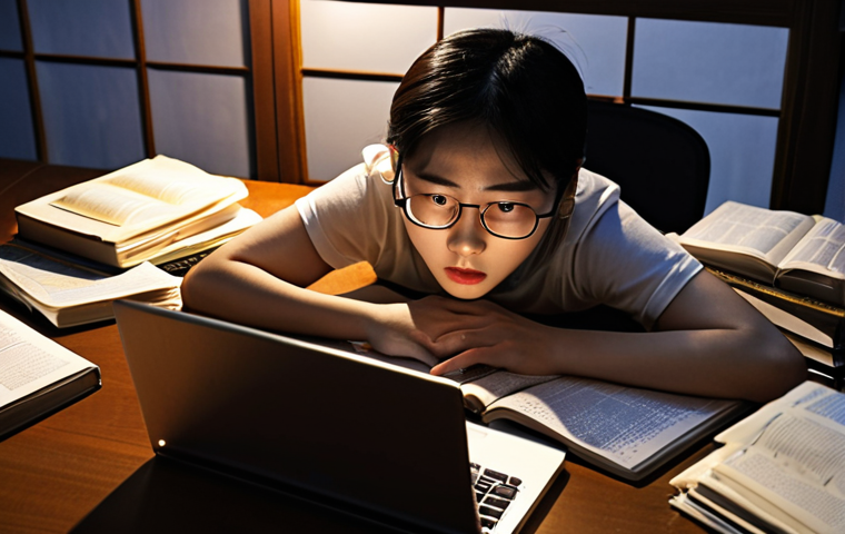 **A student buried in books, surrounded by Korean textbooks and grammar notes, illuminated by the glow of a laptop screen late at night. Emphasis on the struggle and dedication of studying for the TOPIK exam. Include a half-empty espresso cup on the desk.**