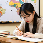 "An academic setting, a focused student diligently writing a Korean essay. The scene visually represents logical structure, clarity, and coherence, with interconnected ideas, mind maps, and Korean connectives (e.g., 그러나, 따라서) subtly integrated into the visual space. Books and study materials on a neat desk. The overall atmosphere is organized, intellectual, and precise, highlighting a solid argumentative framework. Soft, analytical lighting."
