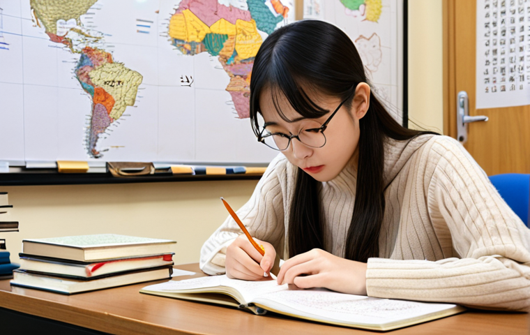 "An academic setting, a focused student diligently writing a Korean essay. The scene visually represents logical structure, clarity, and coherence, with interconnected ideas, mind maps, and Korean connectives (e.g., 그러나, 따라서) subtly integrated into the visual space. Books and study materials on a neat desk. The overall atmosphere is organized, intellectual, and precise, highlighting a solid argumentative framework. Soft, analytical lighting."