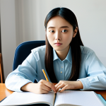 A young female Italian student, in her late 20s, wearing modest, comfortable casual clothing, intensely focused on learning Korean at a well-lit study desk in her home. Her desk is organized with Korean language textbooks, notebooks, a laptop displaying Hangeul characters, and neat flashcards. A subtle, tasteful Korean cultural item like a small traditional ceramic piece or a K-pop album can be seen in the background, hinting at her inspiration. She has a focused, determined expression, in a natural pose, fully clothed, perfect anatomy, correct proportions, well-formed hands, proper finger count, natural body proportions, appropriate attire, professional photography, high quality, safe for work, appropriate content, family-friendly.