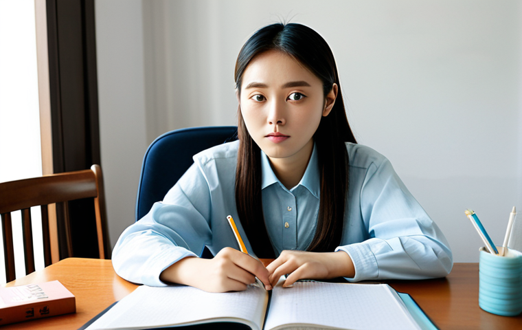 A young female Italian student, in her late 20s, wearing modest, comfortable casual clothing, intensely focused on learning Korean at a well-lit study desk in her home. Her desk is organized with Korean language textbooks, notebooks, a laptop displaying Hangeul characters, and neat flashcards. A subtle, tasteful Korean cultural item like a small traditional ceramic piece or a K-pop album can be seen in the background, hinting at her inspiration. She has a focused, determined expression, in a natural pose, fully clothed, perfect anatomy, correct proportions, well-formed hands, proper finger count, natural body proportions, appropriate attire, professional photography, high quality, safe for work, appropriate content, family-friendly.