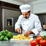 **

"A professional Italian chef in a clean, modern kitchen in Rome, fully clothed in chef's whites, preparing a delicious pasta dish, appropriate attire, safe for work, perfect anatomy, natural proportions, professional food photography, high quality. Focus on the fresh ingredients like San Marzano tomatoes and basil."

**