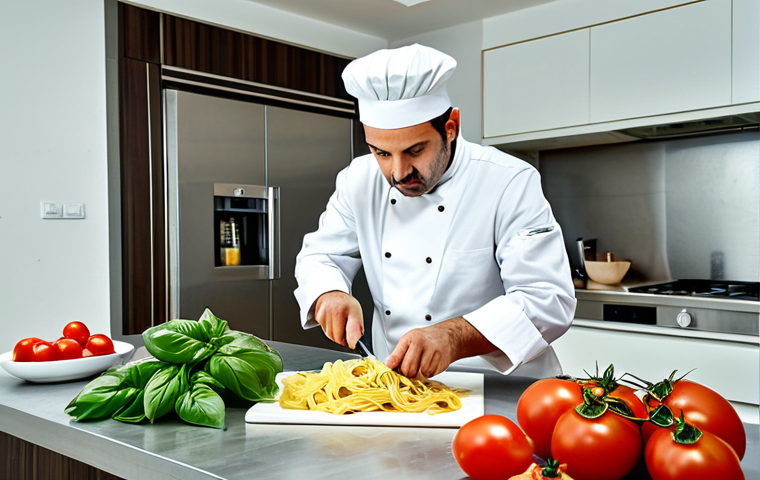 **
"A professional Italian chef in a clean, modern kitchen in Rome, fully clothed in chef's whites, preparing a delicious pasta dish, appropriate attire, safe for work, perfect anatomy, natural proportions, professional food photography, high quality. Focus on the fresh ingredients like San Marzano tomatoes and basil."
**