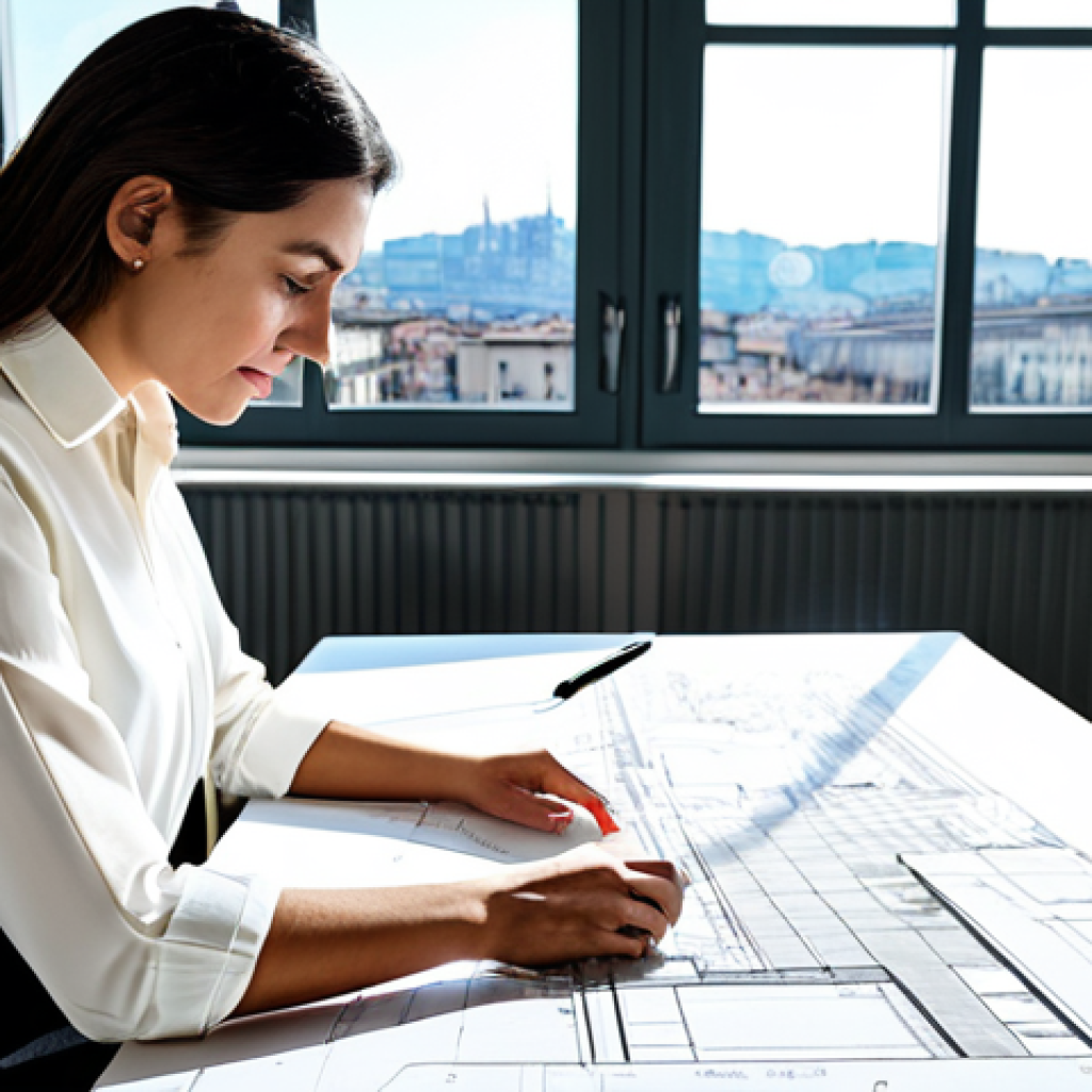 **

A professional Italian architect, fully clothed in appropriate attire (stylish blouse and tailored trousers), working on blueprints at a bright desk in a modern, sunlit studio in Milan.  Large windows overlook the city.  Safe for work, perfect anatomy, natural proportions, professional photography, high quality. Family-friendly and modest.

**