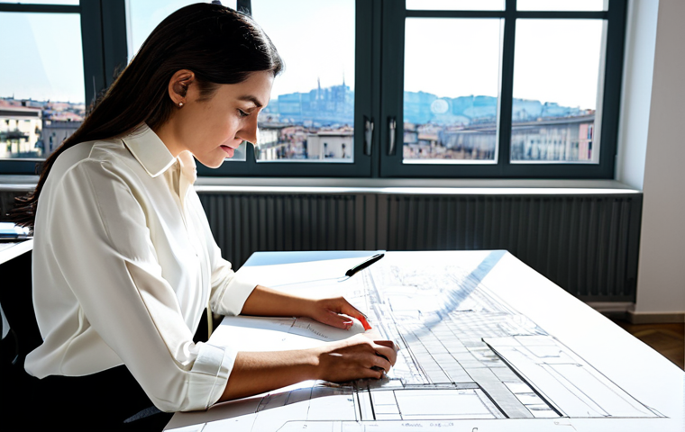 **
A professional Italian architect, fully clothed in appropriate attire (stylish blouse and tailored trousers), working on blueprints at a bright desk in a modern, sunlit studio in Milan. Large windows overlook the city. Safe for work, perfect anatomy, natural proportions, professional photography, high quality. Family-friendly and modest.
**