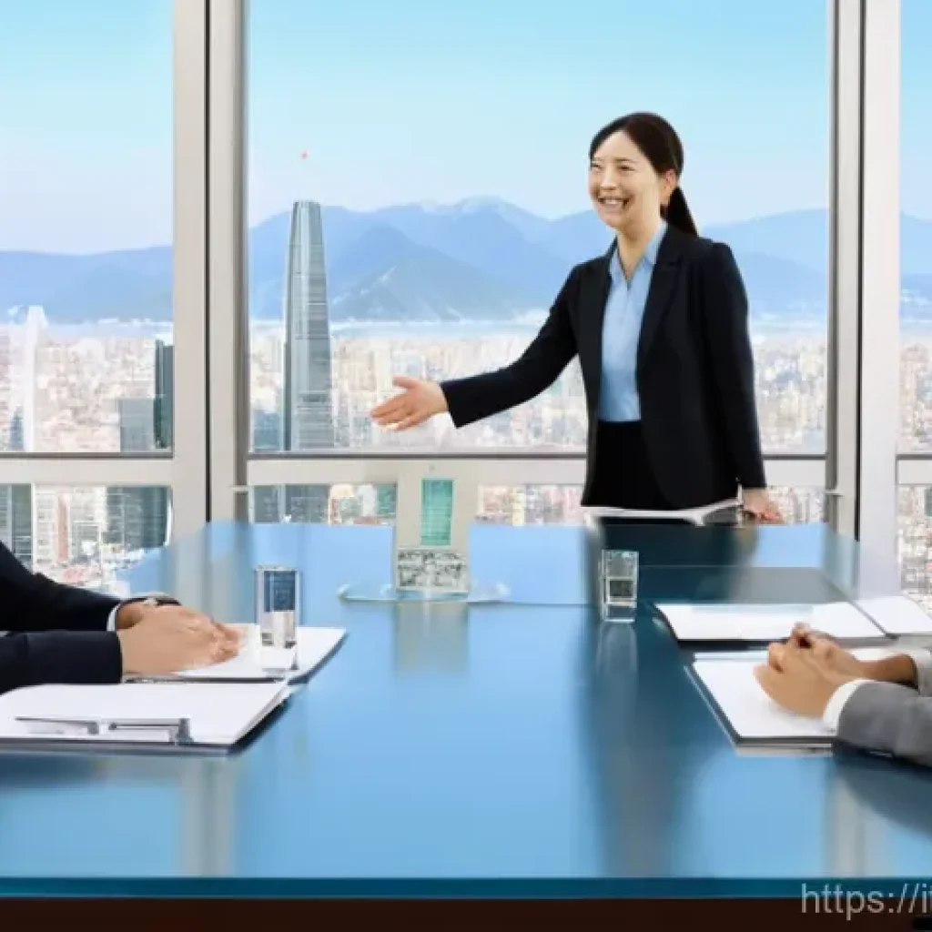 TOPIK 자격증으로 가능한 직업들 - **Prompt:** A dynamic scene depicting an international business meeting in a modern, sophisticated c...
