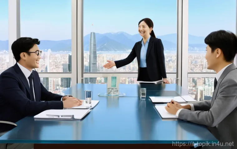 TOPIK 자격증으로 가능한 직업들 - **Prompt:** A dynamic scene depicting an international business meeting in a modern, sophisticated c...