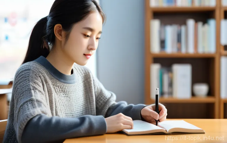 TOPIK 자격증으로 해외취업 도전 - "A focused young adult, dressed in comfortable, modest casual wear like a soft knitted sweater and t...