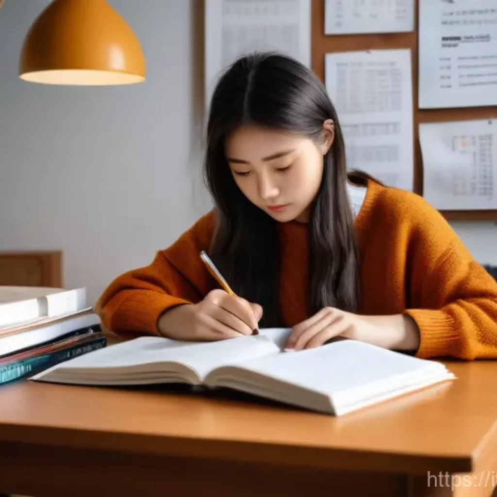 TOPIK 시험 전략 공유 모임 - A focused young Italian woman, in her early twenties, is diligently studying Korean at a wooden desk...