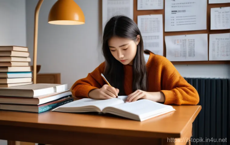 TOPIK 시험 전략 공유 모임 - A focused young Italian woman, in her early twenties, is diligently studying Korean at a wooden desk...