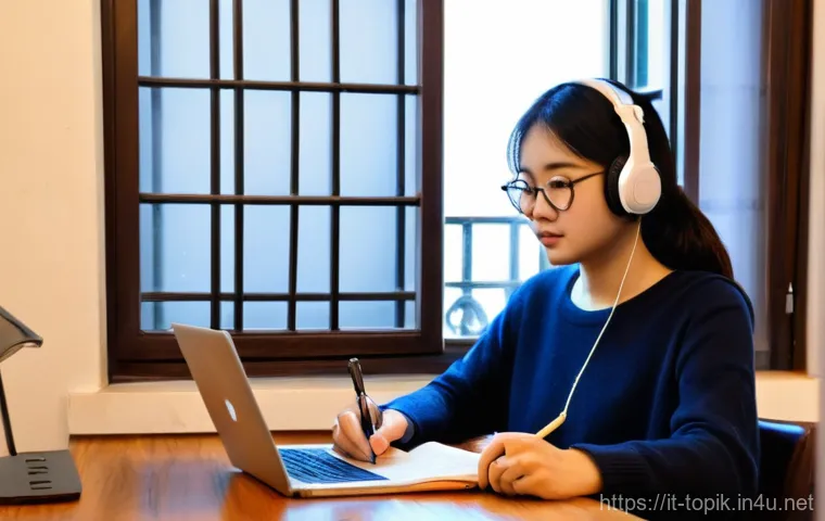 TOPIK 시험 실기 준비법 - **Intense Study Session for TOPIK II**
    A focused Italian female student, in her early twenties, ...