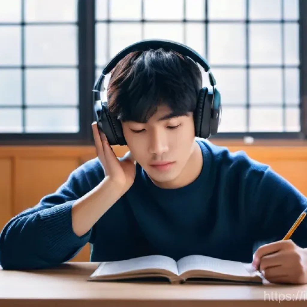 한국어능력시험 출제 경향 - **Prompt 1: Intense TOPIK Study Session**
"A young adult, possibly a university student, is deep...