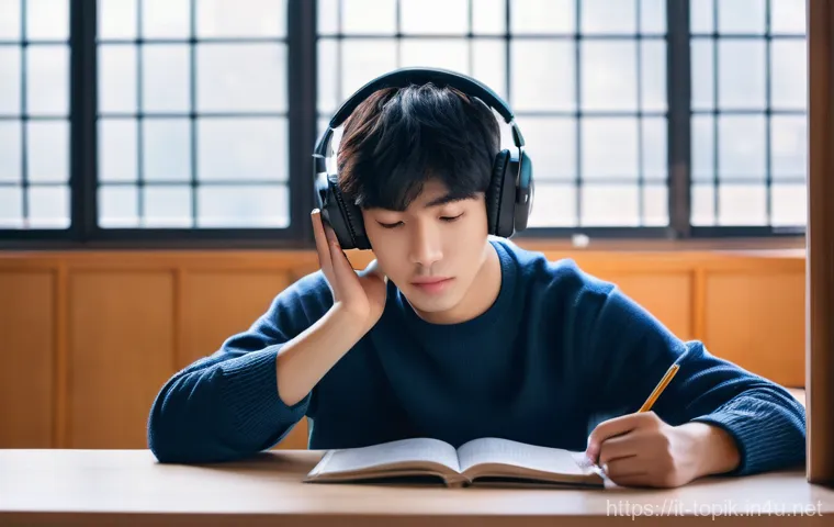 한국어능력시험 출제 경향 - **Prompt 1: Intense TOPIK Study Session**
    "A young adult, possibly a university student, is deep...