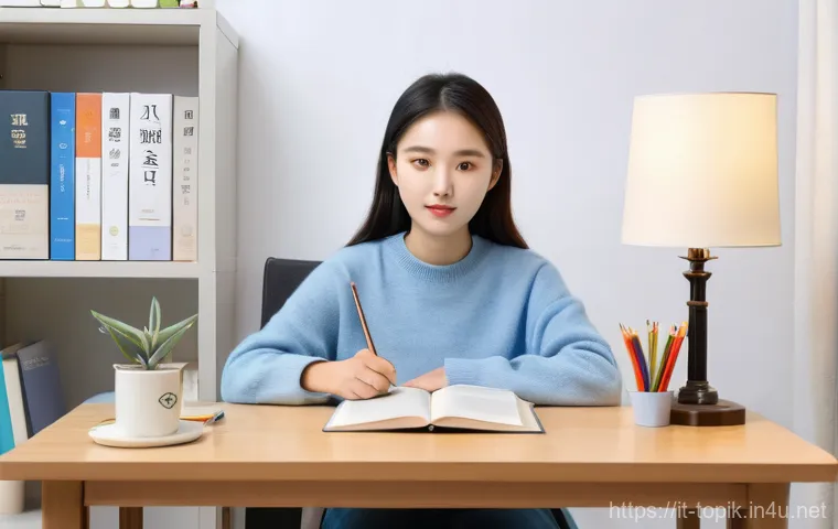 TOPIK 점수 환산 기준 - A young adult, gender-neutral, with a focused and determined expression, is seated comfortably at a ...