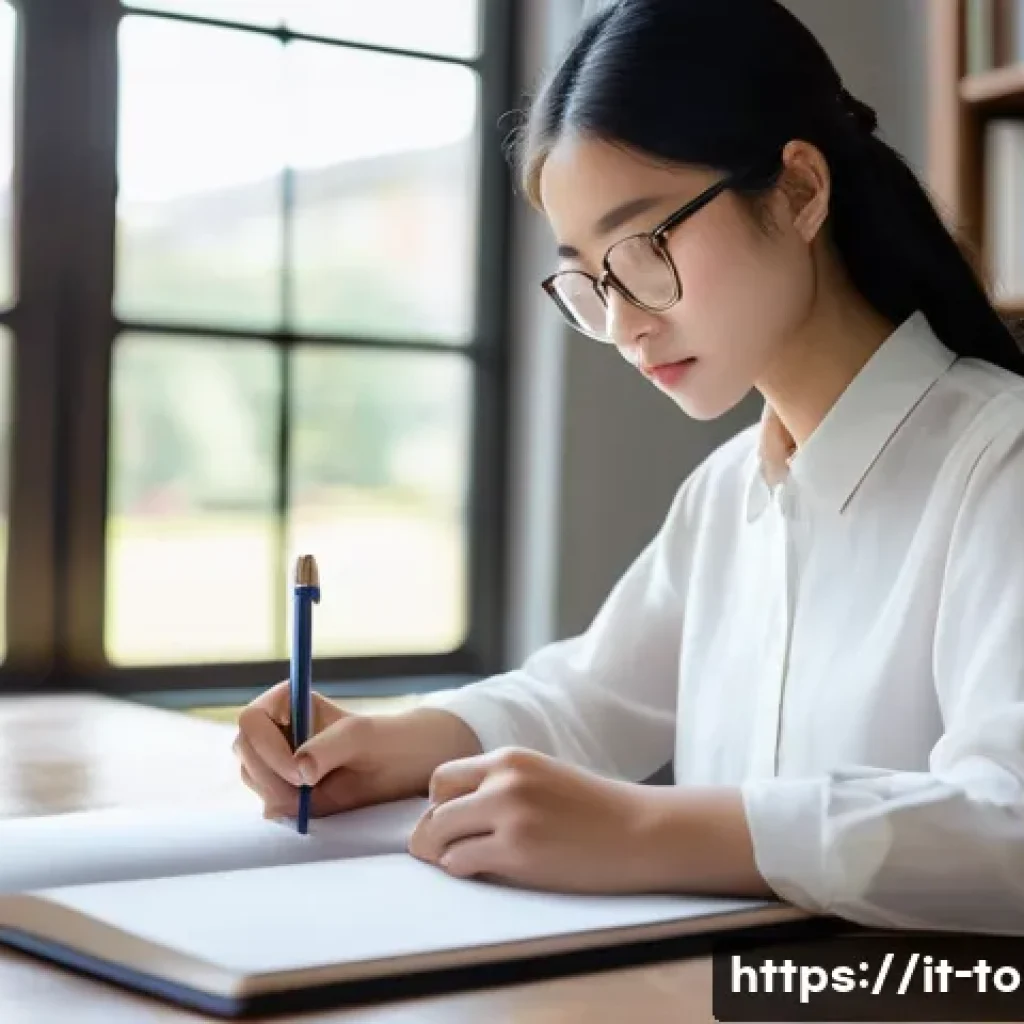 TOPIK 필기시험 고득점 비법 - **Prompt:** A diligent young woman, around 20 years old, with long, neatly tied-back dark hair, is i...
