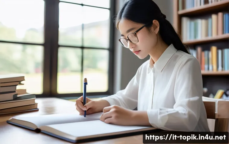 TOPIK 필기시험 고득점 비법 - **Prompt:** A diligent young woman, around 20 years old, with long, neatly tied-back dark hair, is i...