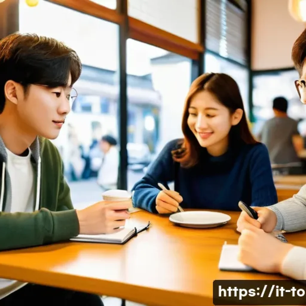 TOPIK 공부 모임 참여 방법 - **Prompt:** A diverse group of four young adults (two males, two females, all appearing to be betwee...