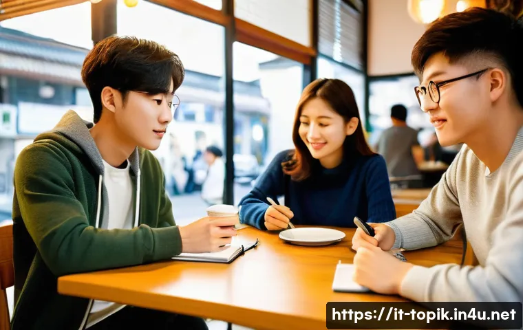 TOPIK 공부 모임 참여 방법 - **Prompt:** A diverse group of four young adults (two males, two females, all appearing to be betwee...
