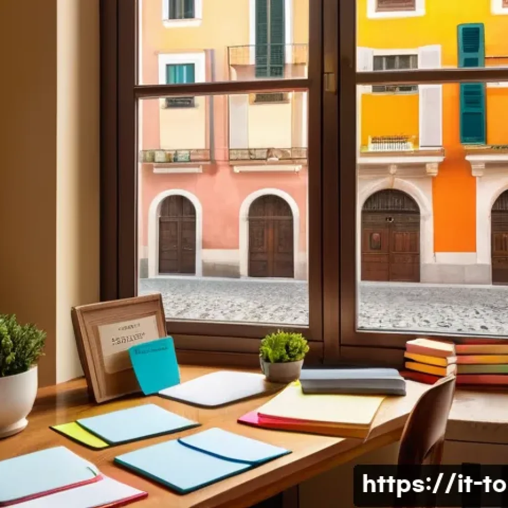 TOPIK 필수 어휘 암기법 - A cozy, sunlit study corner in a modern Italian apartment, featuring a wooden desk with colorful fla...