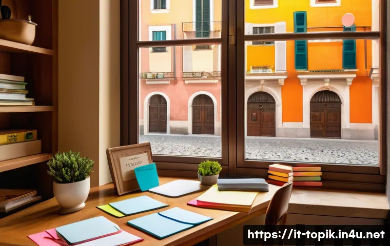 TOPIK 필수 어휘 암기법 - A cozy, sunlit study corner in a modern Italian apartment, featuring a wooden desk with colorful fla...