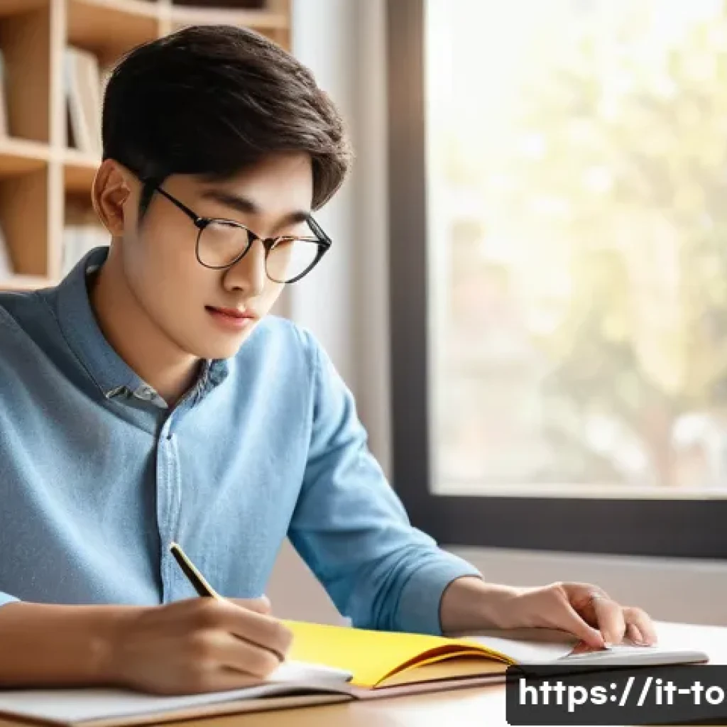 TOPIK 필기시험 추천 교재 - A cozy study scene in a modern Italian apartment, featuring a young adult studying Korean for the TO...
