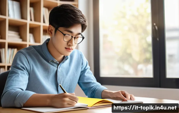 TOPIK 필기시험 추천 교재 - A cozy study scene in a modern Italian apartment, featuring a young adult studying Korean for the TO...