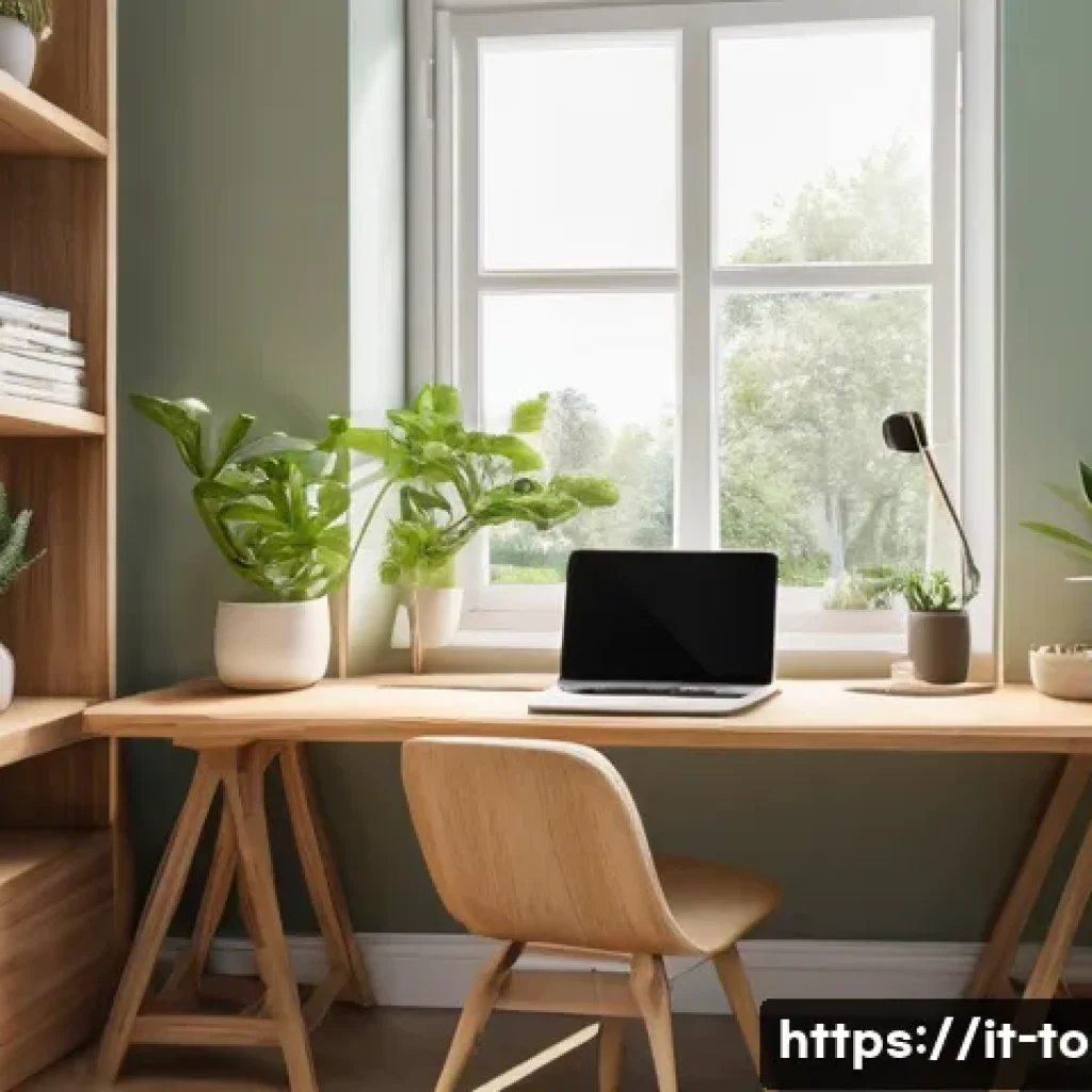 TOPIK 집중력을 높이는 공부법 - A bright, organized study room with a large window letting in warm natural sunlight, a tidy wooden d...