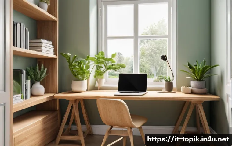 TOPIK 집중력을 높이는 공부법 - A bright, organized study room with a large window letting in warm natural sunlight, a tidy wooden d...