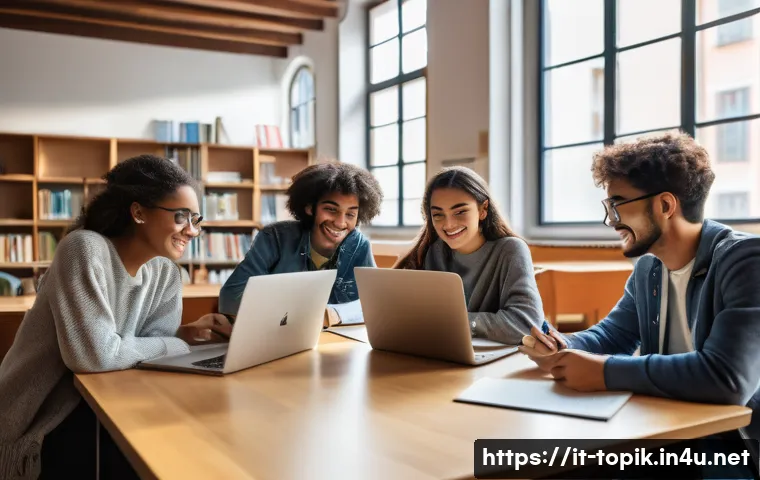 TOPIK 공부 스터디 효과적으로 운영하기 - A diverse group of Italian university students studying together in a cozy, well-lit library room wi...