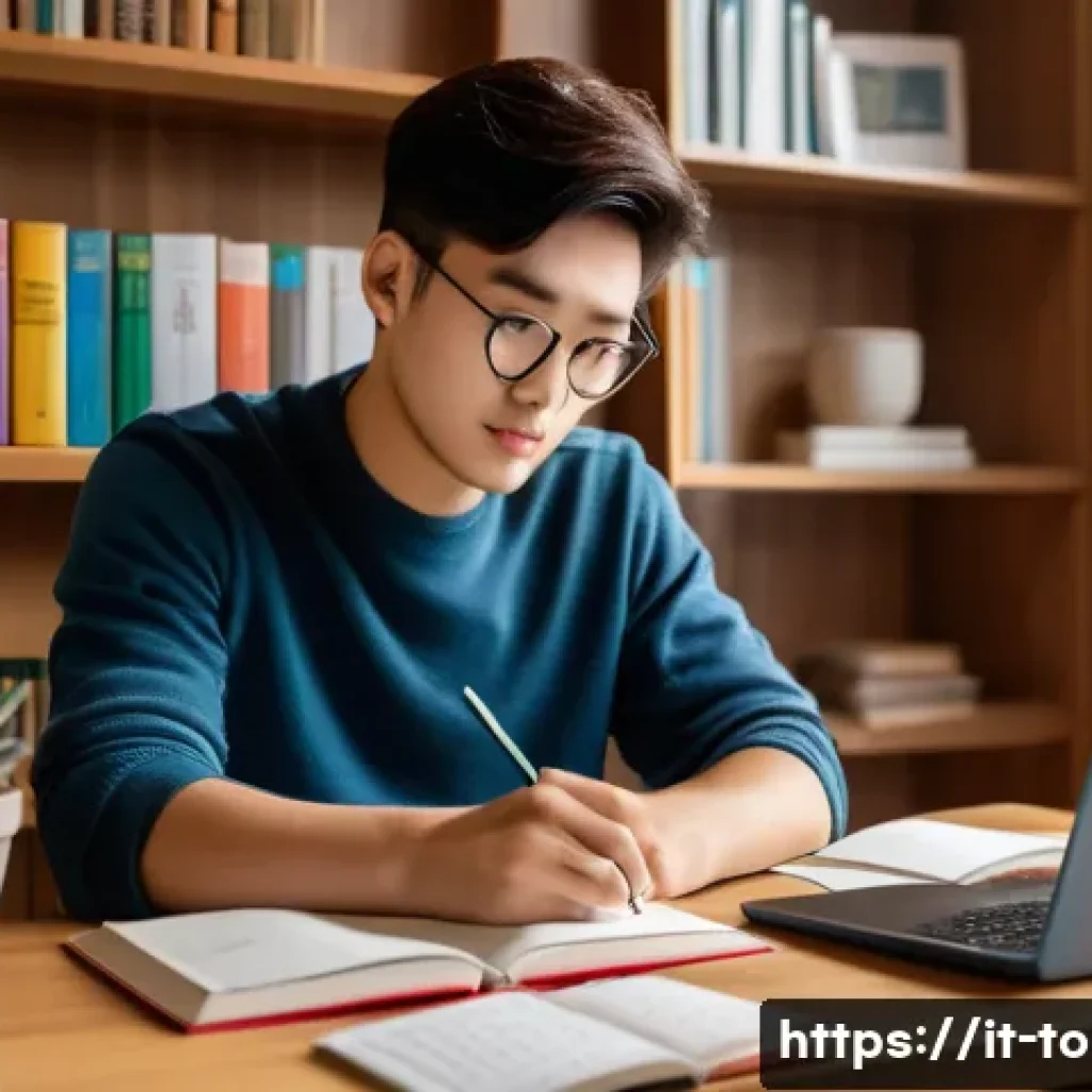 TOPIK 초보자가 알아야 할 필수사항 - A cozy study room scene featuring a young Italian adult sitting at a wooden desk with a modern lapto...