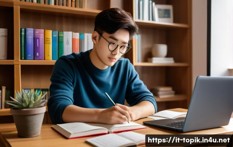 TOPIK 초보자가 알아야 할 필수사항 - A cozy study room scene featuring a young Italian adult sitting at a wooden desk with a modern lapto...