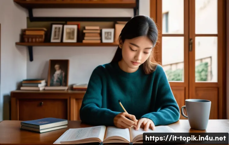 TOPIK 시험 공부 블로그 추천 - A focused Italian university student studying Korean language at a cozy home desk, surrounded by bot...