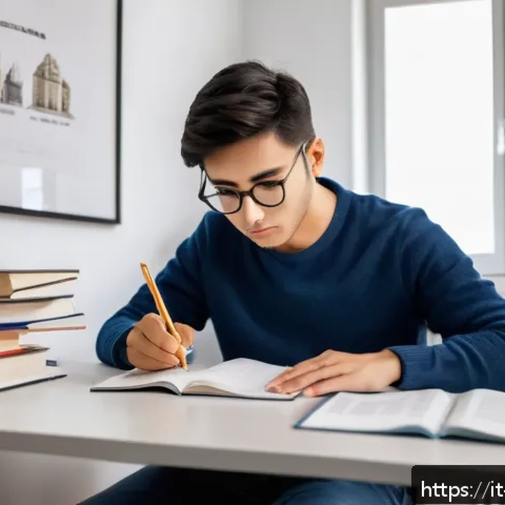 TOPIK 자격증으로 비자 발급 받는 법 - A focused young Italian adult studying Korean language at a modern home desk, surrounded by textbook...