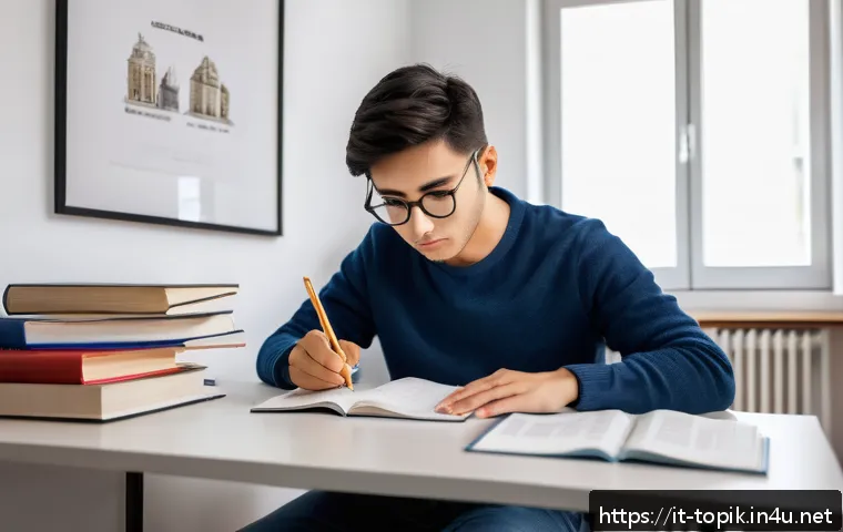 TOPIK 자격증으로 비자 발급 받는 법 - A focused young Italian adult studying Korean language at a modern home desk, surrounded by textbook...