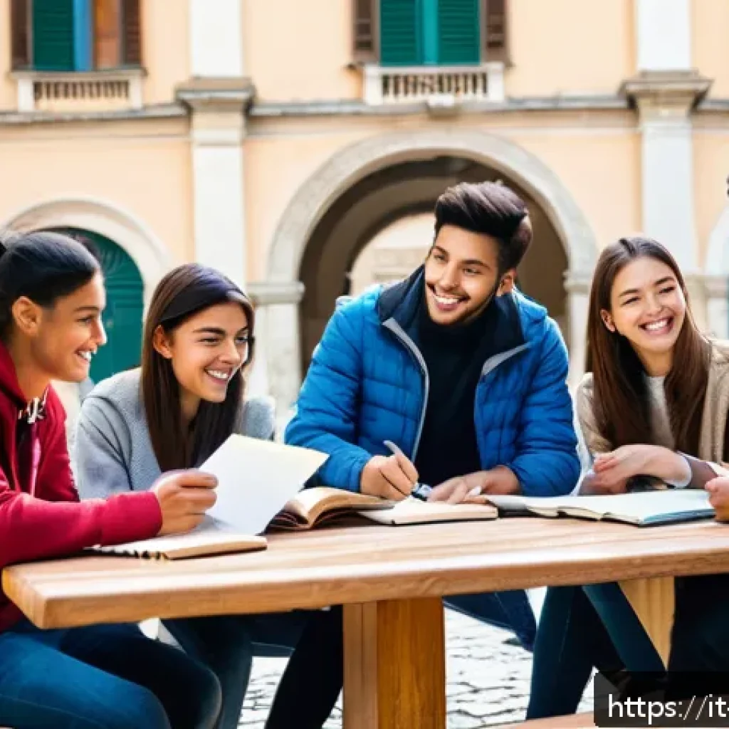 TOPIK 자격증으로 장학금 받는 방법 - A vibrant university campus scene in Italy featuring international students engaging in a study grou...