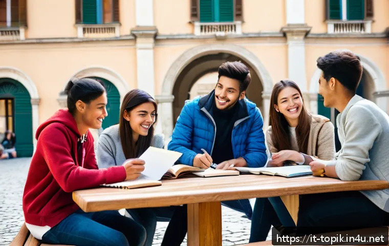 TOPIK 자격증으로 장학금 받는 방법 - A vibrant university campus scene in Italy featuring international students engaging in a study grou...