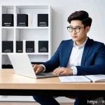 TOPIK 시험 후 취업 준비 체크리스트 - A professional young adult in business casual attire sitting at a modern desk with a laptop and smar...