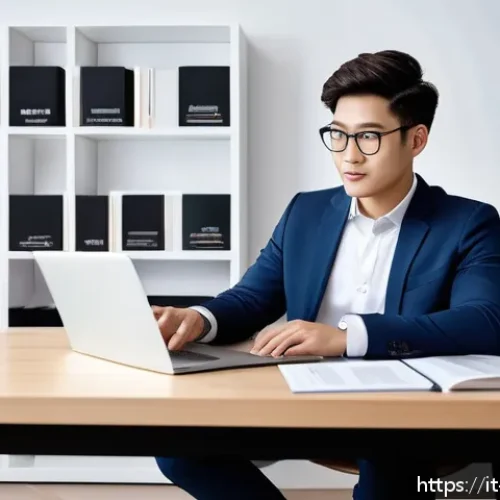 TOPIK 시험 후 취업 준비 체크리스트 - A professional young adult in business casual attire sitting at a modern desk with a laptop and smar...