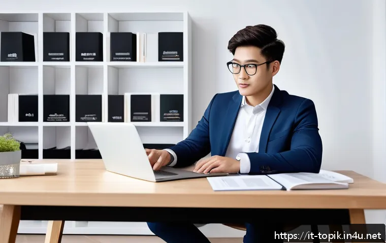TOPIK 시험 후 취업 준비 체크리스트 - A professional young adult in business casual attire sitting at a modern desk with a laptop and smar...