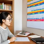 TOPIK 공부 성공 사례 - A cozy, modern study room in a typical Italian apartment with a young adult woman sitting at a woode...
