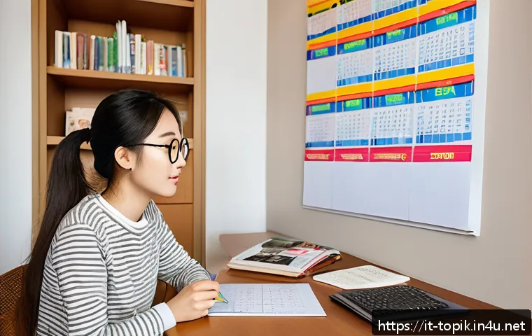 TOPIK 공부 성공 사례 - A cozy, modern study room in a typical Italian apartment with a young adult woman sitting at a woode...