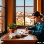 TOPIK 쓰기시험 추천 교재 - A cozy Italian study room with a young adult sitting at a wooden desk, surrounded by Italian languag...