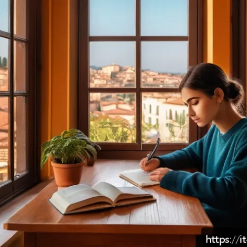 TOPIK 쓰기시험 추천 교재 - A cozy Italian study room with a young adult sitting at a wooden desk, surrounded by Italian languag...