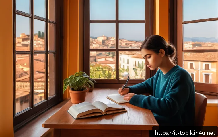 TOPIK 쓰기시험 추천 교재 - A cozy Italian study room with a young adult sitting at a wooden desk, surrounded by Italian languag...